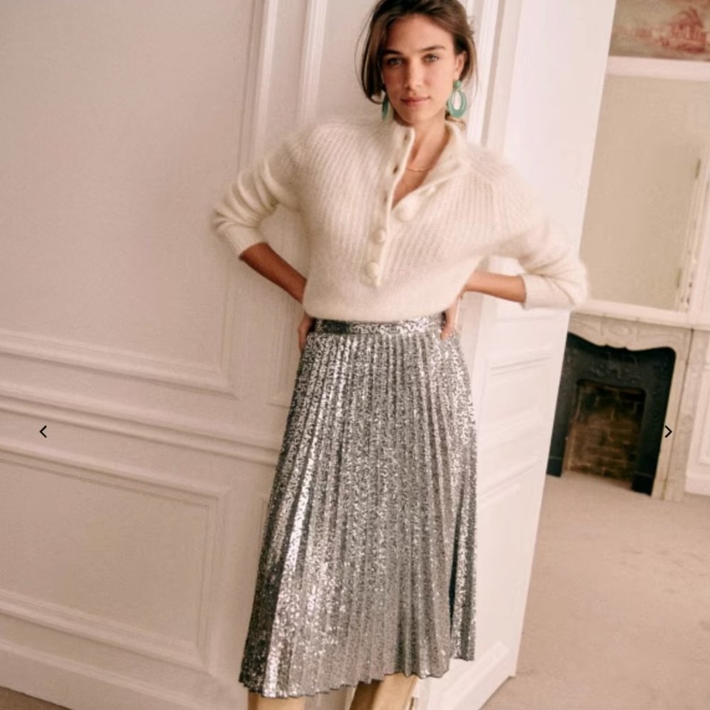 Sezane Pleated Dino Skirt Sequin Silver Sz 4/36